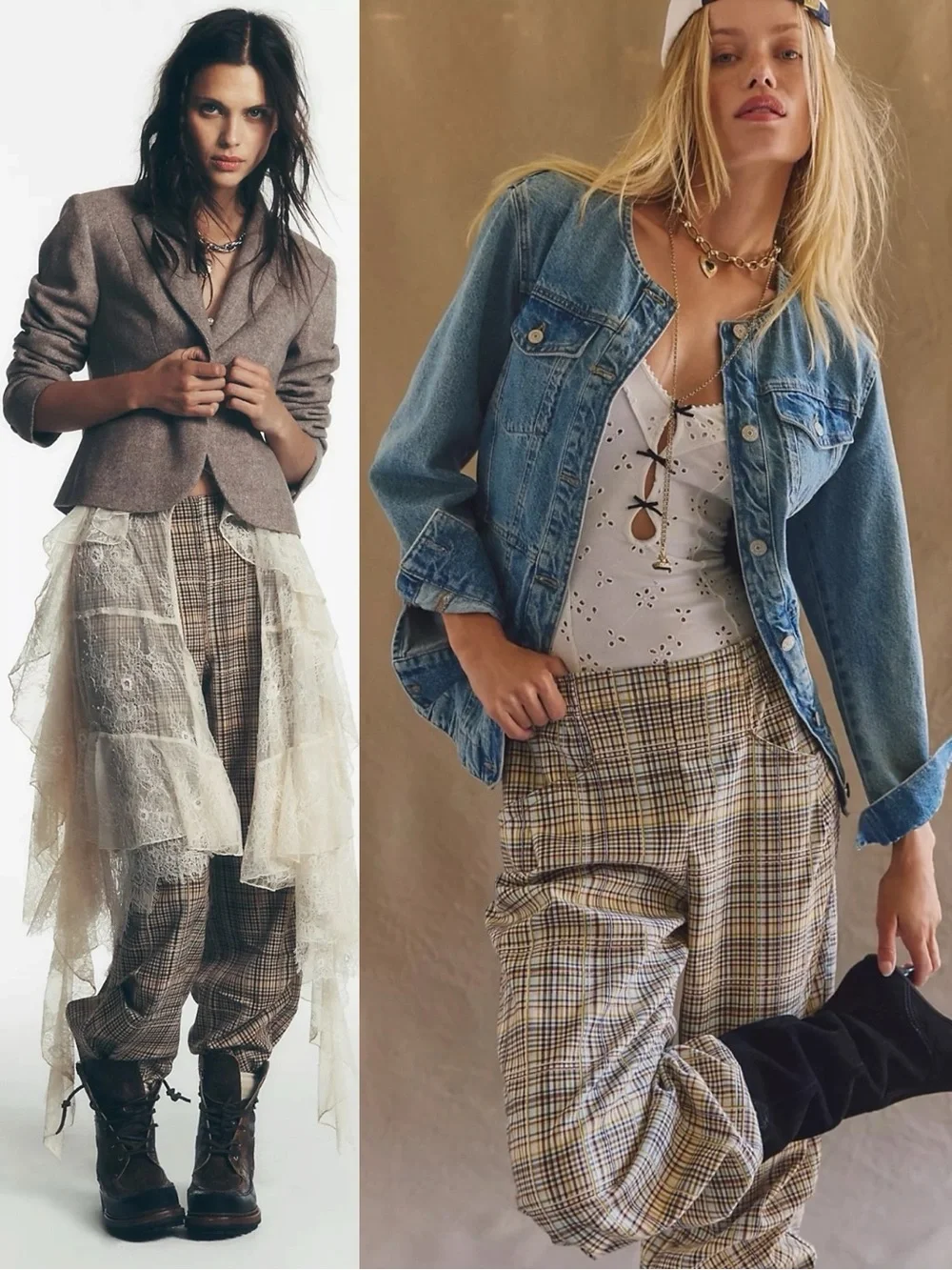 Free People Grunge 90s Bohemian Nice Choice Plaid Pull On Barrel Pants Large NWT